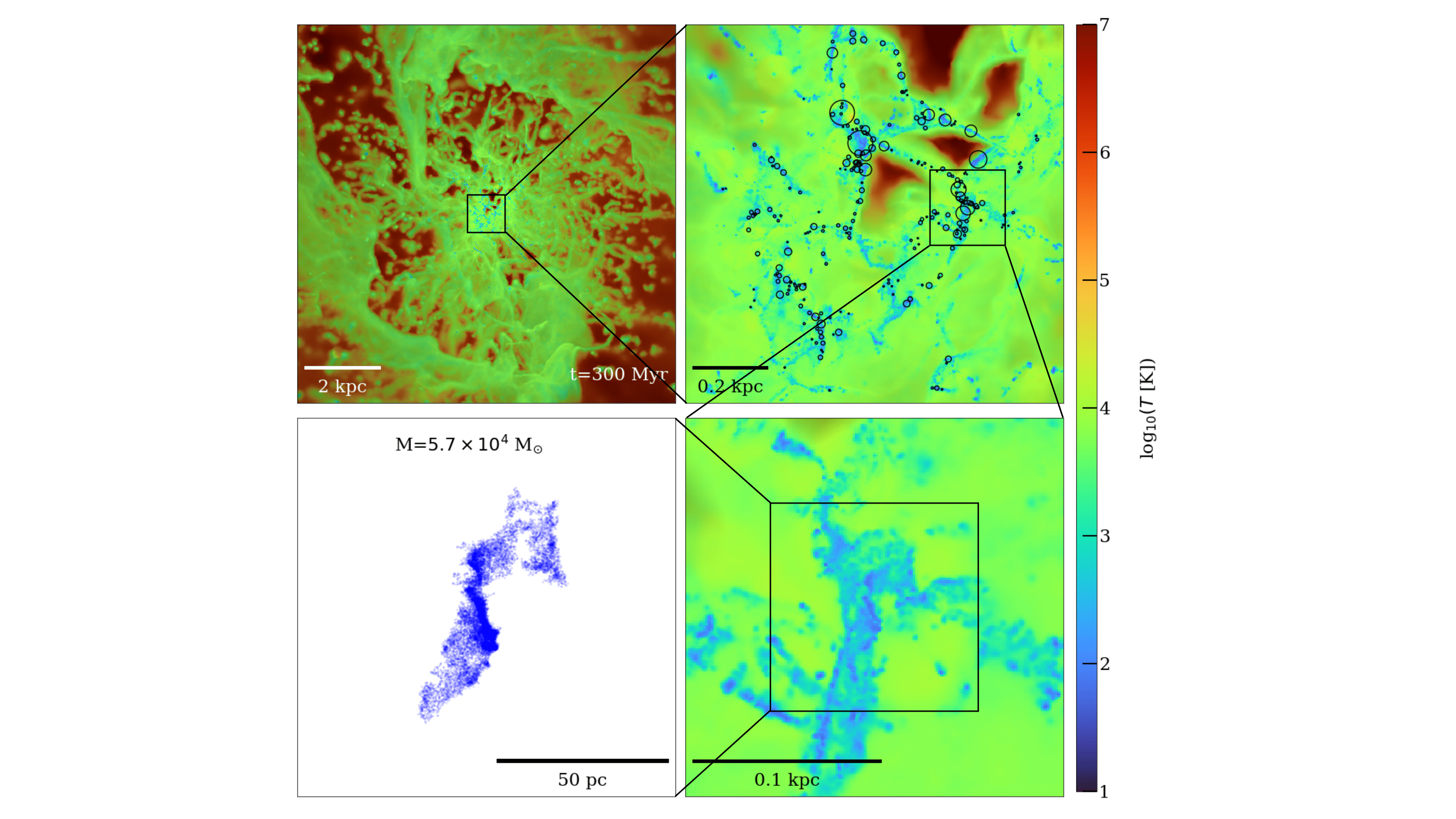 Zoom sequence of the gas distribution colour-coded by the mass weighted temperature.